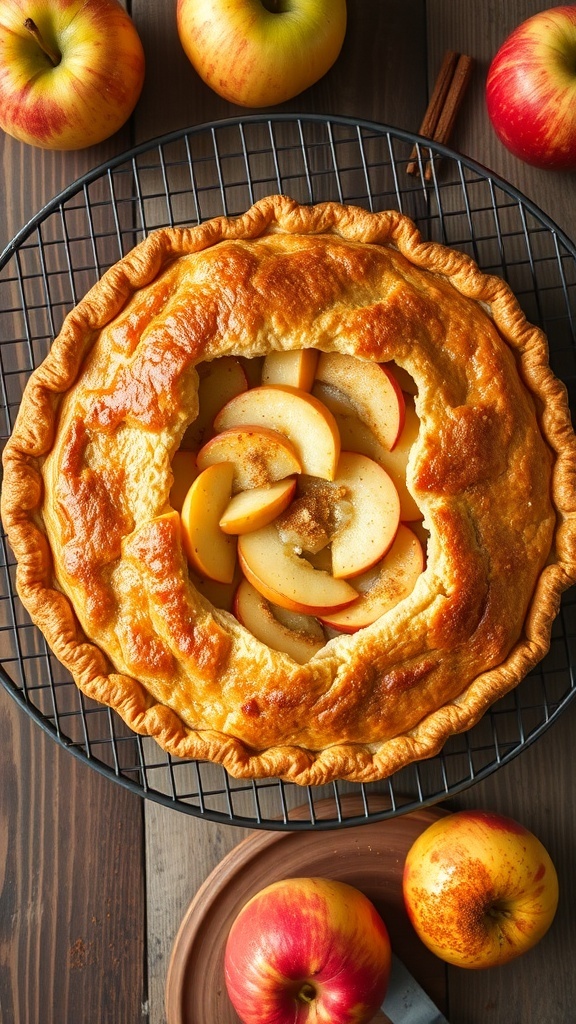 A golden-brown apple pie with steam rising from the sliced apples, surrounded by fresh apples and cinnamon.
